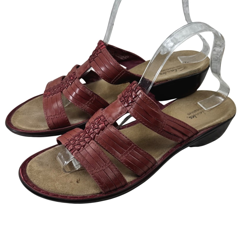 Clarks Slide Sandals Womens 8.5M Burgundy Leather Woven Bendables Comfort Casual - Picture 2 of 15